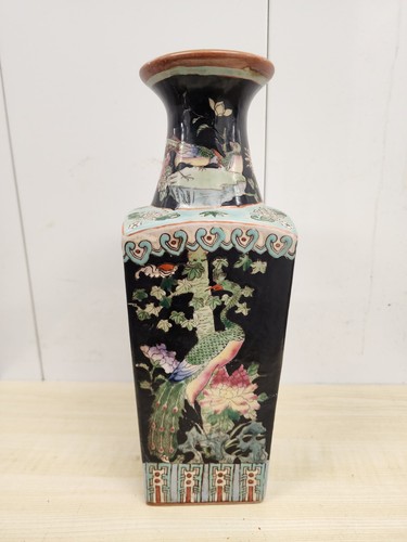 Signed Large Chinese Famille Rose Square Form Vase Rim, 14”H Peacock Birds - Picture 1 of 18