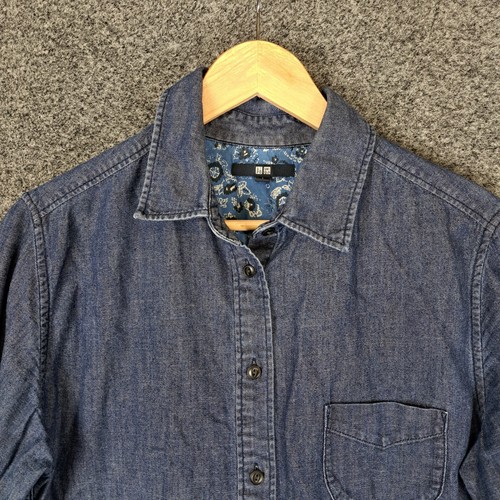 Uniqlo Womens Blouse Top Size L Large Blue Denim Stretch - Picture 3 of 8