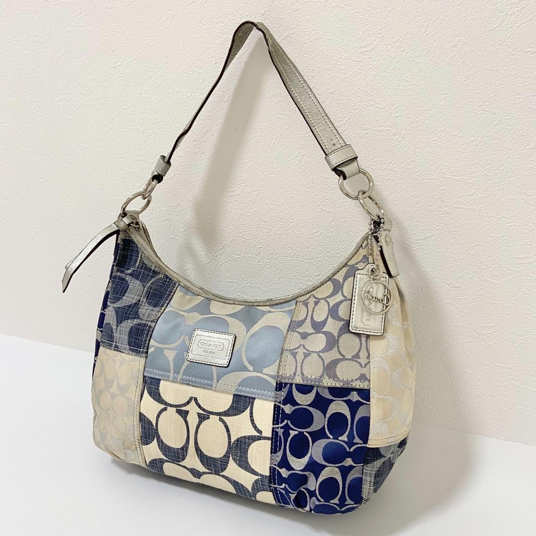 COACH F19195 Patchwork Hobo Zippy Shoulder Bag Blue Denim Leather