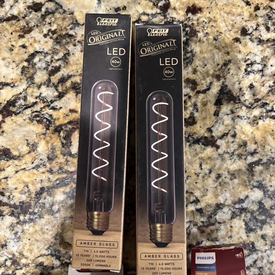 (12) Long Philips T10 LED Bulbs 40W Amber glass Vintage Dimmable Feit NEW!! - Image 2 of 3