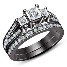 2 CT Princess Lab Created Diamond Bridal Wedding Ring Set 14K Black Gold Over