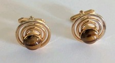 Vintage Tiger Eye Cabochon Cufflinks in Gold Tone - Planet In Orbit Design 