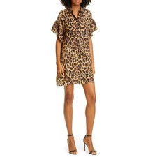 Alice+Olivia Jude Leopard Ruffle Sleeve Mini Shirtdress size L