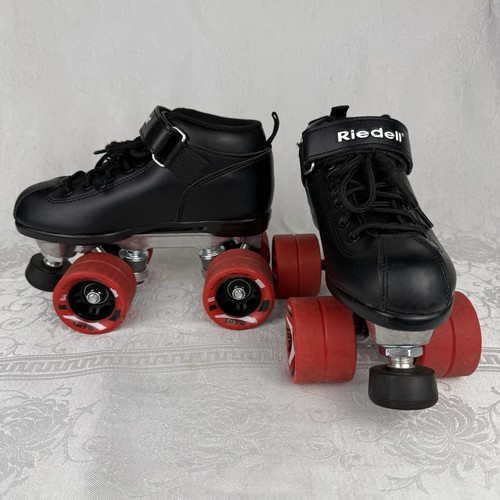 Riedell Dart Quad Rollschuhe Größe 3 schwarz PVC und rote Rollen *braucht Schnürsenkel - Bild 4 von 16