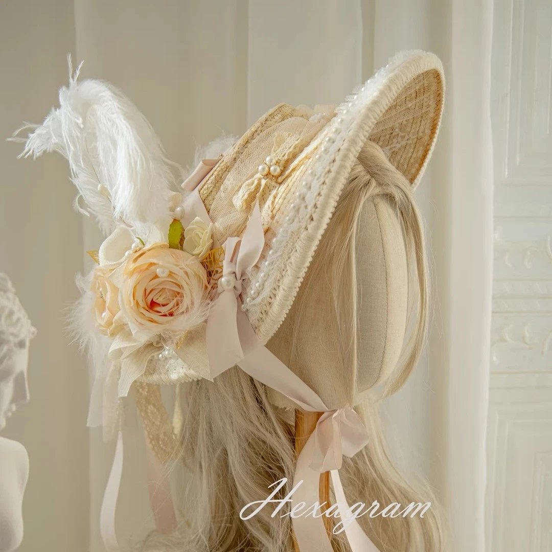 Vintage French Straw Hat Lolita Beige Headwear Topi Cosplay Prop Gift Girl New