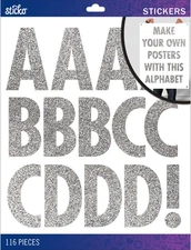 Alphabet Stickers, Regular X-Large, Silver Glitter Futura