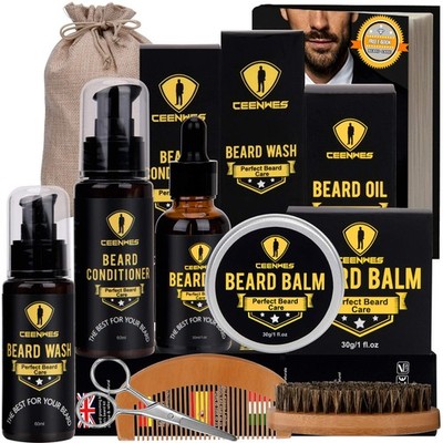 Ceenwes Upgraded Beard Grooming Kit - Conditioner, Oil, Brush, 7 Piece Set 