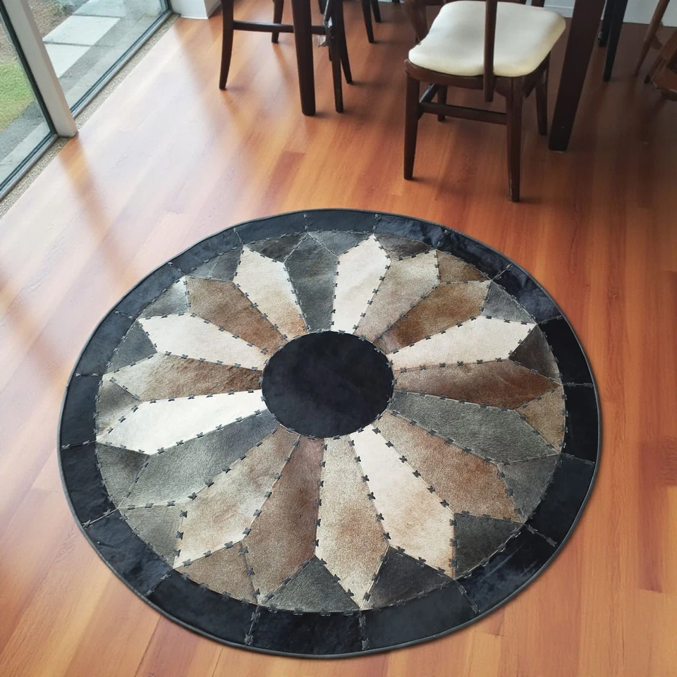 Tapete redondo de retalhos de couro natural/tapete de couro feito à mão/tapete moderno rústico - Imagem 3 de 4