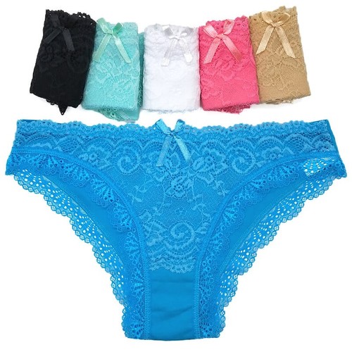 6 x Womens Solid Transparent Lace Briefs Bikini Undies Sexy Underwear With Bow - Picture 2 of 6