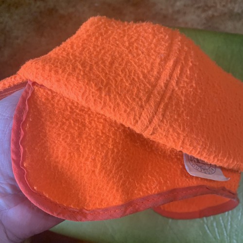 Vintage Blaze Orange Fleece Trapper Hunter Hat Cap Black Ear Flaps Made In USA L - Picture 3 of 10