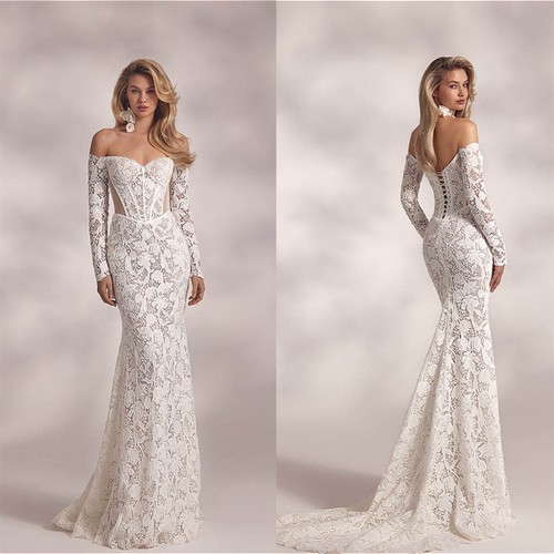 Women Mermaid Backless Lace Up Court Wedding Gowns with Long Sleeve Customized - Picture 2 of 13