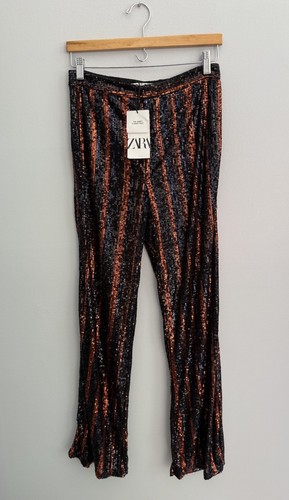 NEW Zara The Abbey Flared Pant In Black & Orange Striped Sequined Trousers Sz S - Picture 10 of 10