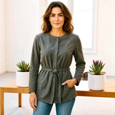 H by HALSTON Full Zip Jacket Knit Sleeves Microfiber Suede Belt Womens Size 10