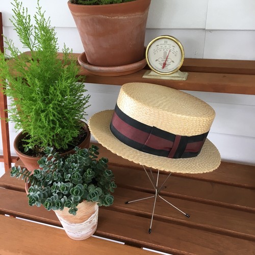 Vintage Straw Ribbon Striped Boater Boating Skimme