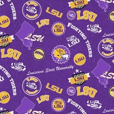 Louisiana State Univ LSU Tigers Cotton Fabric w Home State Design-By the Yard