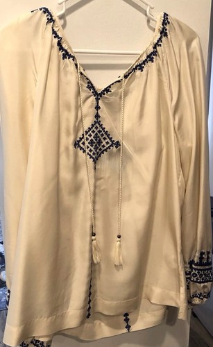 LUCKY BRAND Floral Sheer 100% Silk Peasant Blouse Shirt Boho Top Womens Sz L - Picture 2 of 11