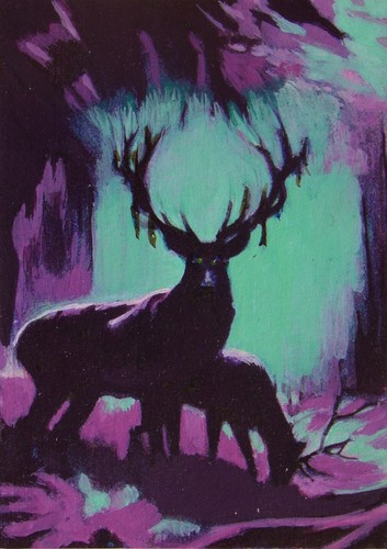 Spooky Deer at a Distance, an ACEO and a story 3.5 x 2.5 inches ORIGINAL