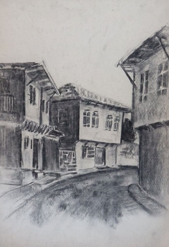 Antikes Aquarell Gemälde Landschaft Stadtbild - Bild 5 von 12