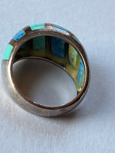 Alternating Turquoise & Denim 925 Marked Silver Striped Slightly Domed Band Ring - Picture 8 of 9