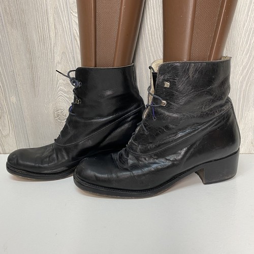 Vintage 80’s Black Leather Granny Ankle Boots Lace Up Sz 7-7.5 37.5 Italy - Picture 6 of 9
