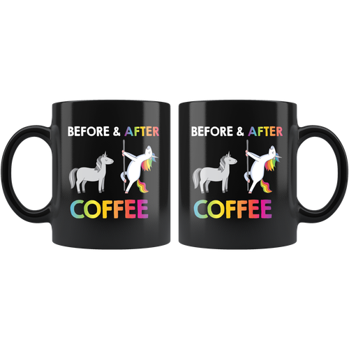 UNICORNIO Pole Dancers ANTES y DESPUÉS DEL CAFÉ Divertido UNICORNIO Taza de Café Negro Regalo - Imagen 2 de 4