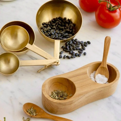 NEW! Be Home TEAK WOOD XL SALT & PEPPER CELLAR w/ 2 SPOONS, Handmade in Thailand - Picture 2 of 24