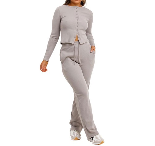 Ladies Ribbed Button Through Cardigan and Trouser 2 Piece Lounge Wear Tracksuit - Picture 14 of 21