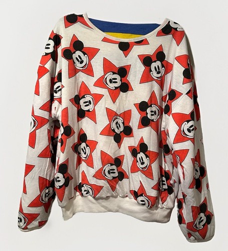 VTG Reversible Micky Mouse Red Stars/Bliue & Yellow Strips Sweatshirt XL Unisex - Picture 2 of 5
