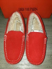 women NEW IN BOX red leather SLIPPERS MOCCASINS size 7 thick lined WARM WINTER