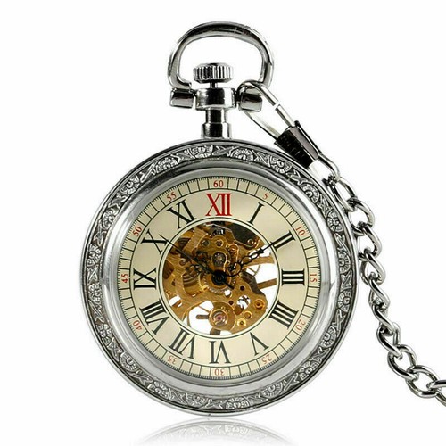Steampunk Mens Hand Winding Automatic Mechanical Pocket Watch Pendant Chain Gift - Picture 18 of 24