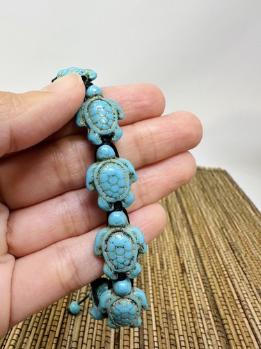 Hawaiian Turtle hemp bracelet Turquoise Turtle Macrame Knot Hemp Bracelet Black - Picture 2 of 5