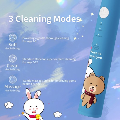 Kids Soft Bristles Electric Toothbrush,3 Cleaning Mode.2 Mins Timer,5 Brush Head - Picture 3 of 9