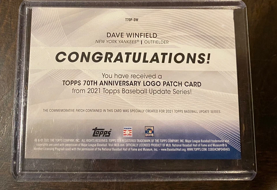 Dave Winfield Yankees 2021 Topps Update 70th Anniversary Logo Patch#T70P-DW - Image 2 of 2