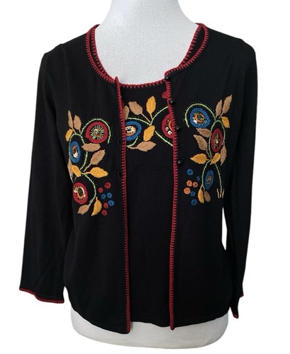 Passport Small Black Embroidered Tank Top & Button-Up 3/4 Sleeve Sweater Set