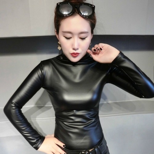 Fashion Ladies Faux Leather Sexy Basic Pullover Blouse Slim Elastic Tops Casual - Picture 14 of 14