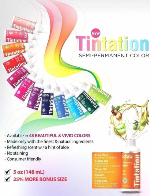 KISS TINTATION SEMI-PERMANENT HAIR COLOR RINSE DYE 5OZ WITH ARGAN OIL ALOE VERA KISS TINTATION SEMI-PERMANENT HAIR COLOR RINSE DYE 5OZ WITH ARGAN OIL ALOE VERA