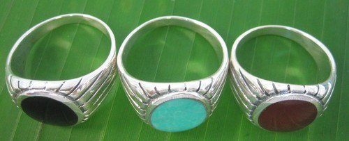 100% 925 sterling silver “SOLID RING” BLACK ONYX Turquoise RED AGATE - BOY MEN - Picture 4 of 30