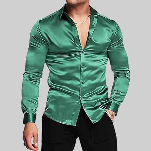 Men Satin Button Solid Shirt Casual Tops Long Sleeve Slim Fitness Muscle Tee US - Picture 27 of 29