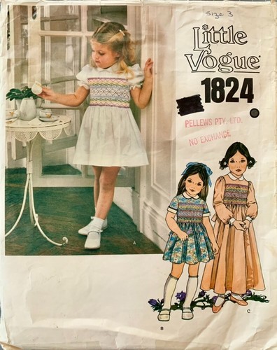 VOGUE 1824 1980’s Girl's Smocked Dress Sewing Pattern. Size 3 - Chest 22”.