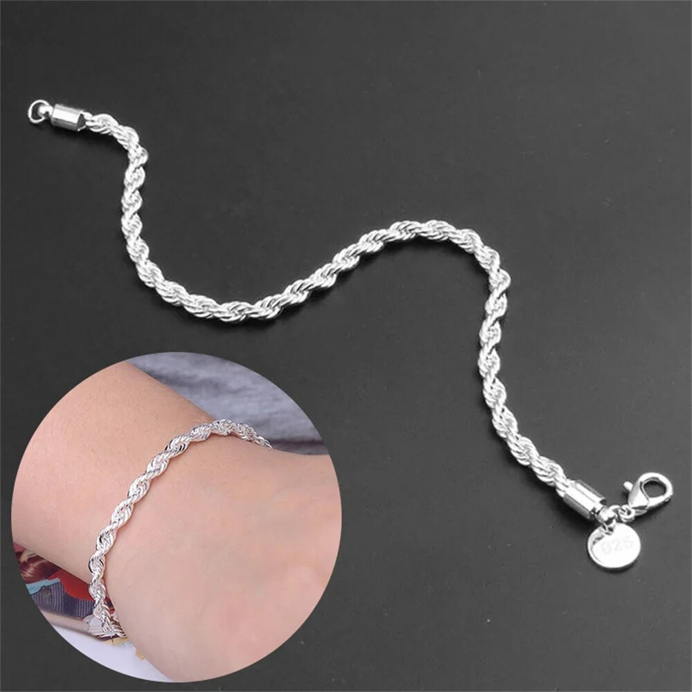 VVV☆[SILVER 925] RIBBON CHAIN STRAP BRACELET 925 Sterling Silver Twisted Rope Bracelet 3mm Thick Chain