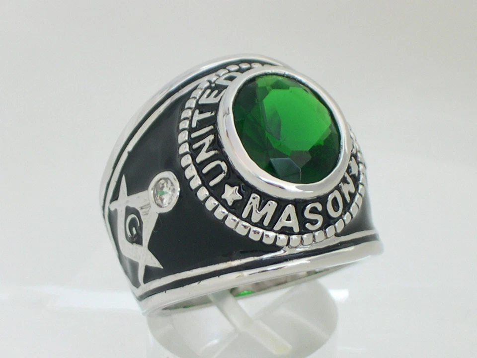 Anillo de hombre de piedra esmeralda verde mayo masónico albañil de Estados Unidos 12X10 mm talla 7-14 Foto 4 de 4