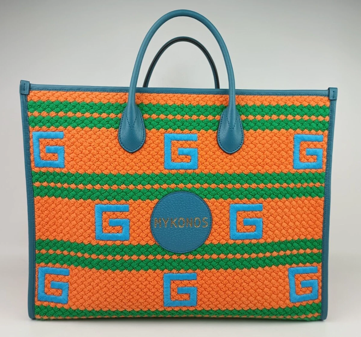 Gucci Orange Blue Green Square G Embroidered Woven Striped Mykonos Tote Bag