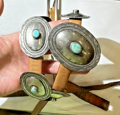 Vintage Native American Navajo Indian Silver Turquoise Concho Leather Belt - Picture 9 of 11