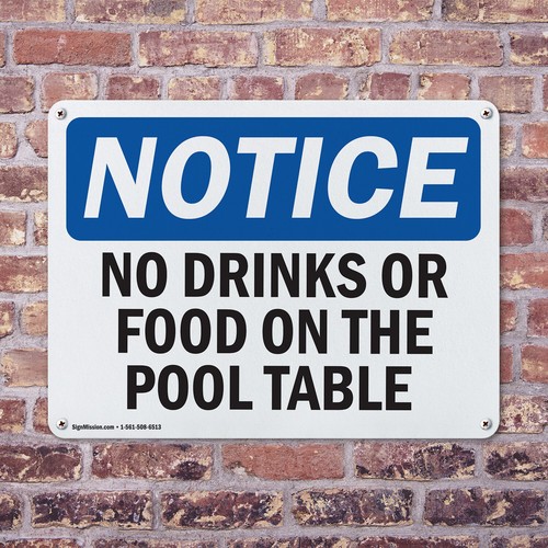 (2 Pack) No Drinks Or Food On Pool Table OSHA Notice Sign Decal Metal Plastic - Bild 4 von 23