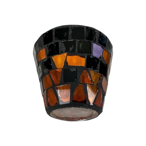 Mosaic Glass Art Candleholder Vase Black Purple Orange Halloween Votive 2-3/4" - Picture 9 of 17