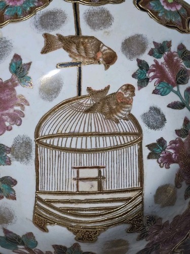 Antique Hand Painted Bird & Cage Large 10" Porcelain Punch Bowl QIANLONG 18th  - Picture 14 of 23