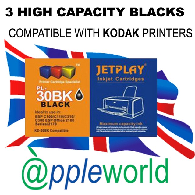 3 Kodak 30B ad Alta Capacità Nero Inchiostro Cartucce KD-30BK XL Compatibile 3 Kodak 30B ad Alta Capacità Nero Inchiostro Cartucce KD-30BK XL Compatibile