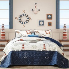 Ocean King Size Quilt Set 3 Piece,Nautical Coastal Quilt Bedding Set with 2 S...