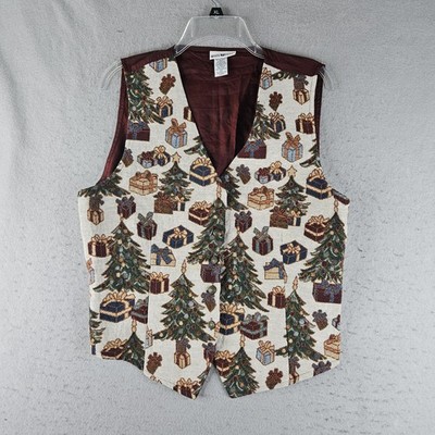 White Stag Vest Womens XL Multicolor Christmas Tree Gift Tapestry Button