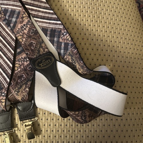 IBEX England elastic suspenders brass clips brown/burgundy Plaid, Paisley Preown - Picture 3 of 14